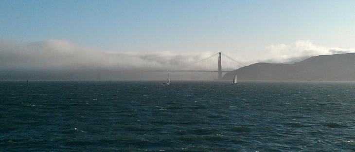Golden Gate Bridge covered in fog